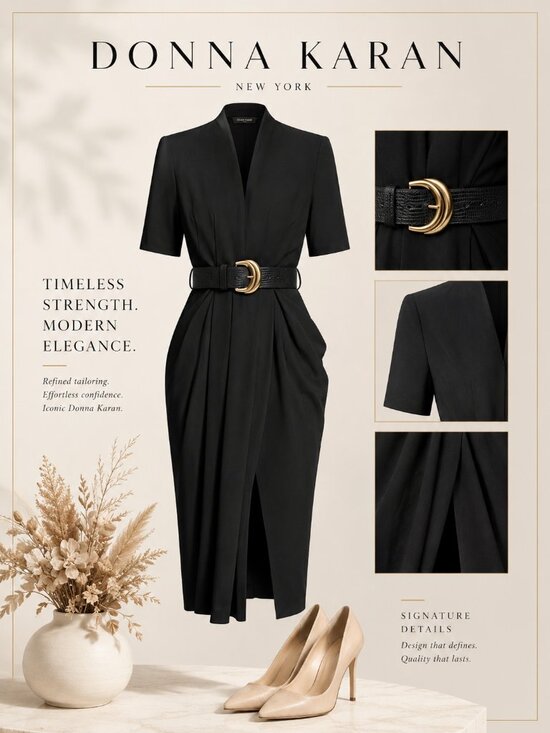 Donna Karan Dresses & Skirts - Donna Karan Black V-Neck Belted Short-Sleeve Midi Dress Size 6 NWT